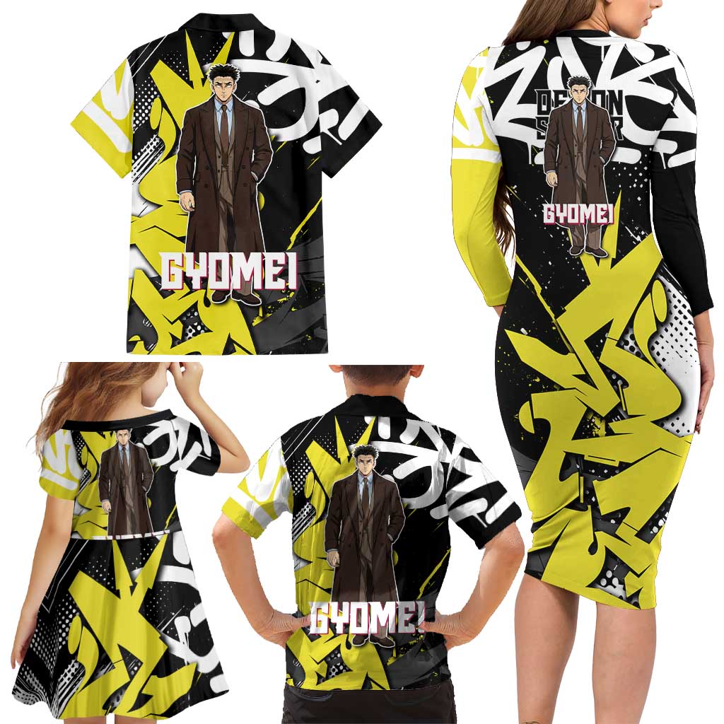 Gyomei Demon Slayer Family Matching Long Sleeve Bodycon Dress and Hawaiian Shirt Urban Graffiti Anime Style