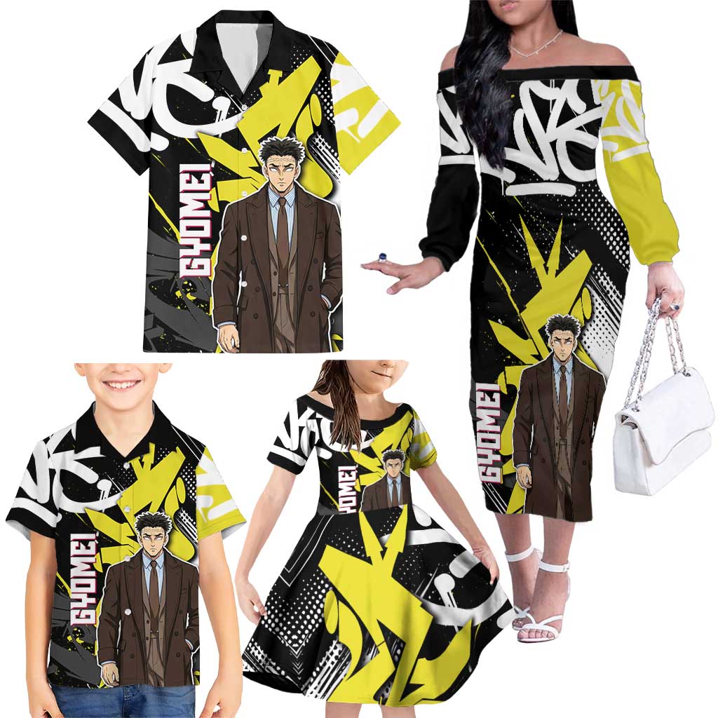 Gyomei Demon Slayer Family Matching Off The Shoulder Long Sleeve Dress and Hawaiian Shirt Urban Graffiti Anime Style