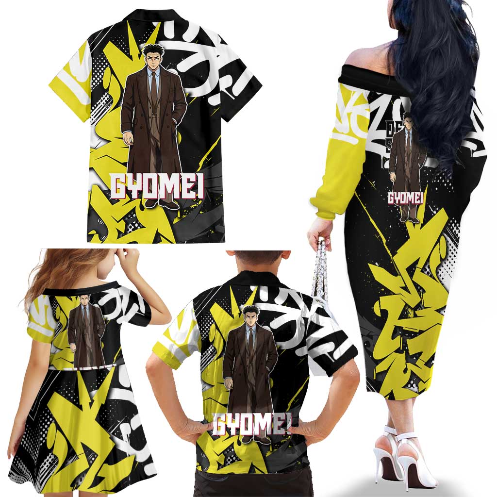 Gyomei Demon Slayer Family Matching Off The Shoulder Long Sleeve Dress and Hawaiian Shirt Urban Graffiti Anime Style