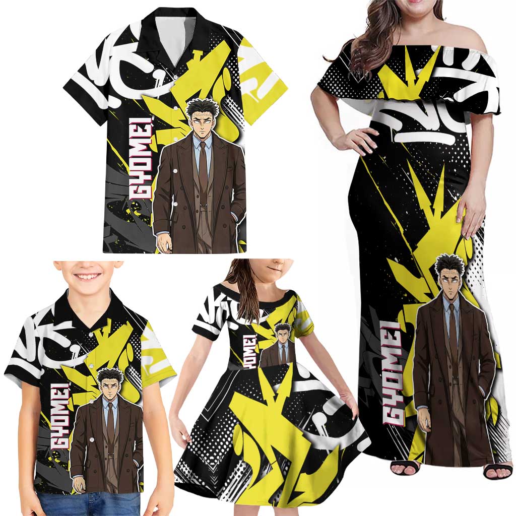 Gyomei Demon Slayer Family Matching Off Shoulder Maxi Dress and Hawaiian Shirt Urban Graffiti Anime Style