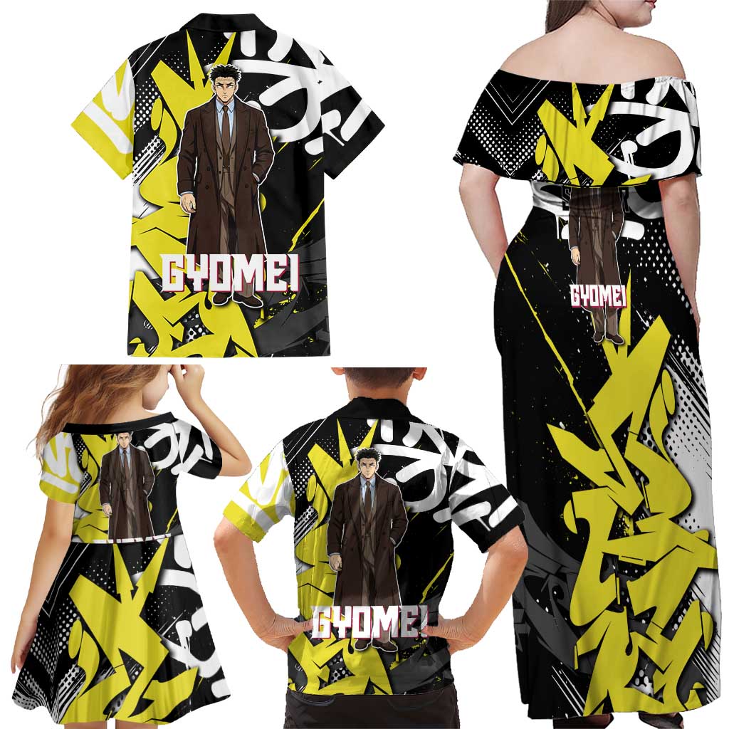Gyomei Demon Slayer Family Matching Off Shoulder Maxi Dress and Hawaiian Shirt Urban Graffiti Anime Style