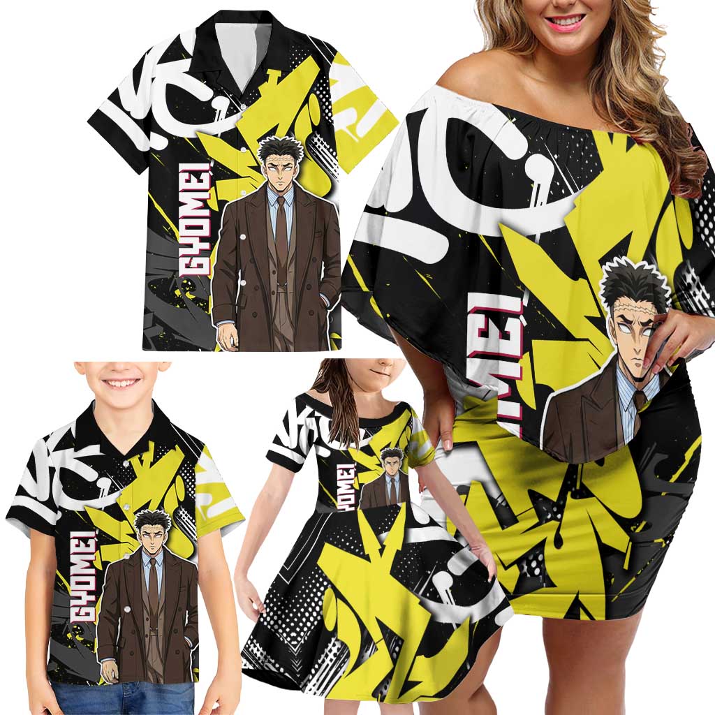 Gyomei Demon Slayer Family Matching Off Shoulder Short Dress and Hawaiian Shirt Urban Graffiti Anime Style