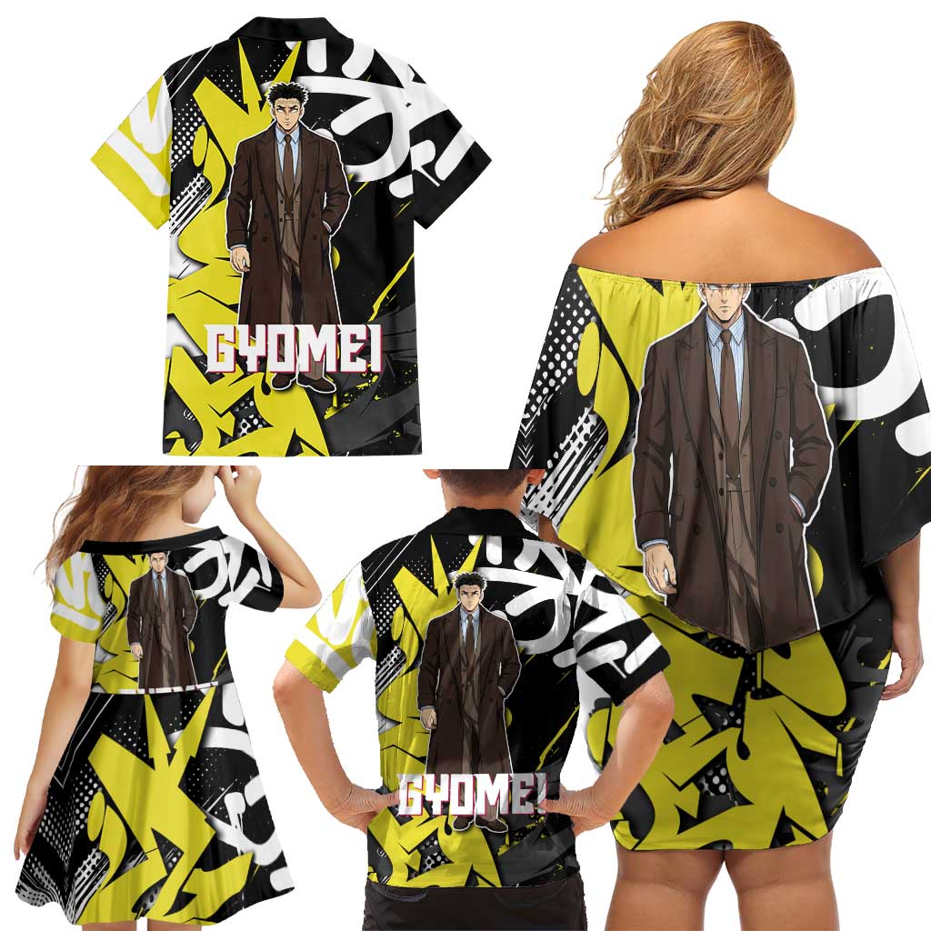 Gyomei Demon Slayer Family Matching Off Shoulder Short Dress and Hawaiian Shirt Urban Graffiti Anime Style