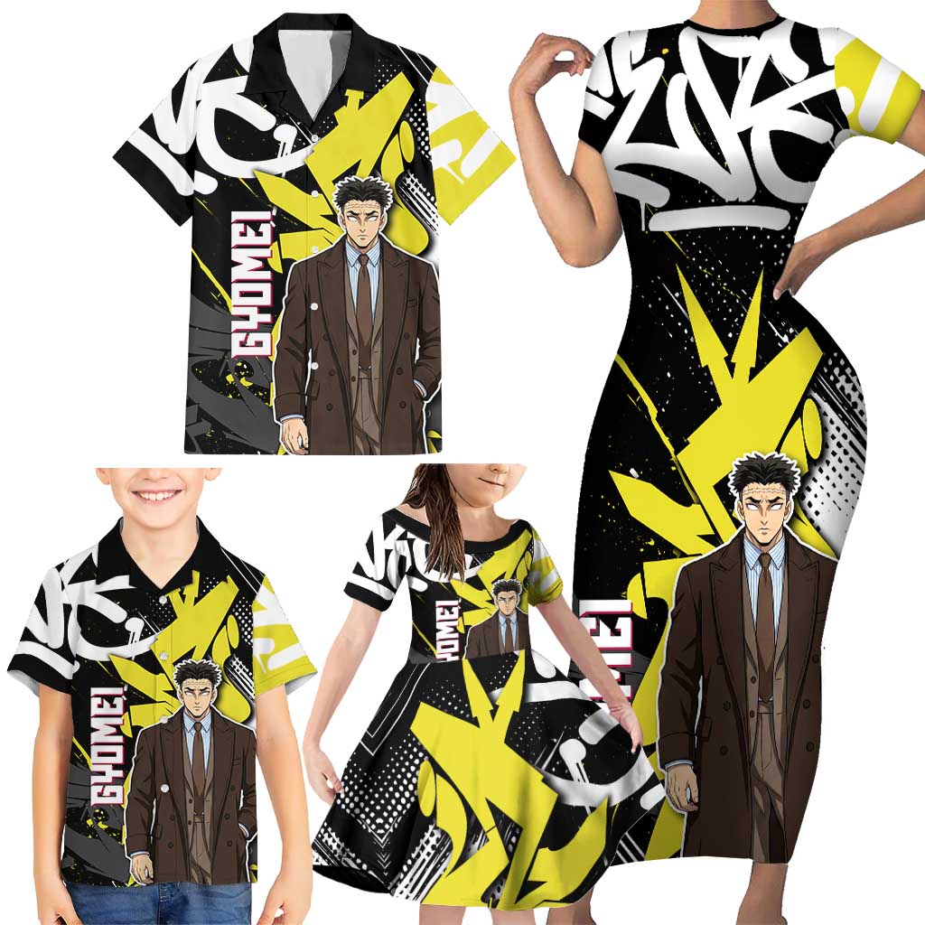 Gyomei Demon Slayer Family Matching Short Sleeve Bodycon Dress and Hawaiian Shirt Urban Graffiti Anime Style