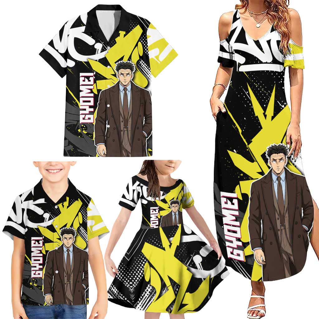 Gyomei Demon Slayer Family Matching Summer Maxi Dress and Hawaiian Shirt Urban Graffiti Anime Style