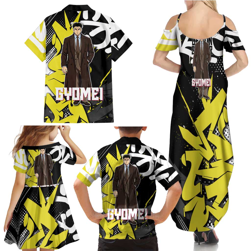 Gyomei Demon Slayer Family Matching Summer Maxi Dress and Hawaiian Shirt Urban Graffiti Anime Style