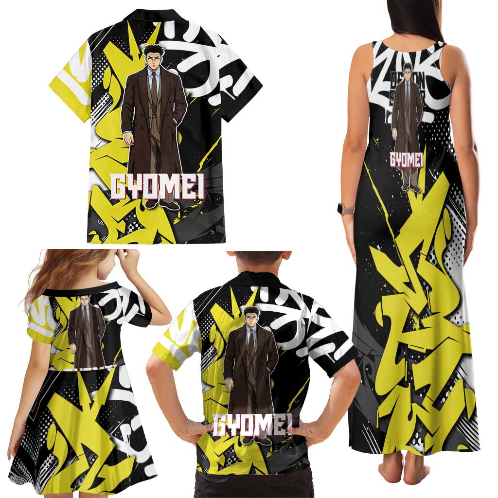 Gyomei Demon Slayer Family Matching Tank Maxi Dress and Hawaiian Shirt Urban Graffiti Anime Style