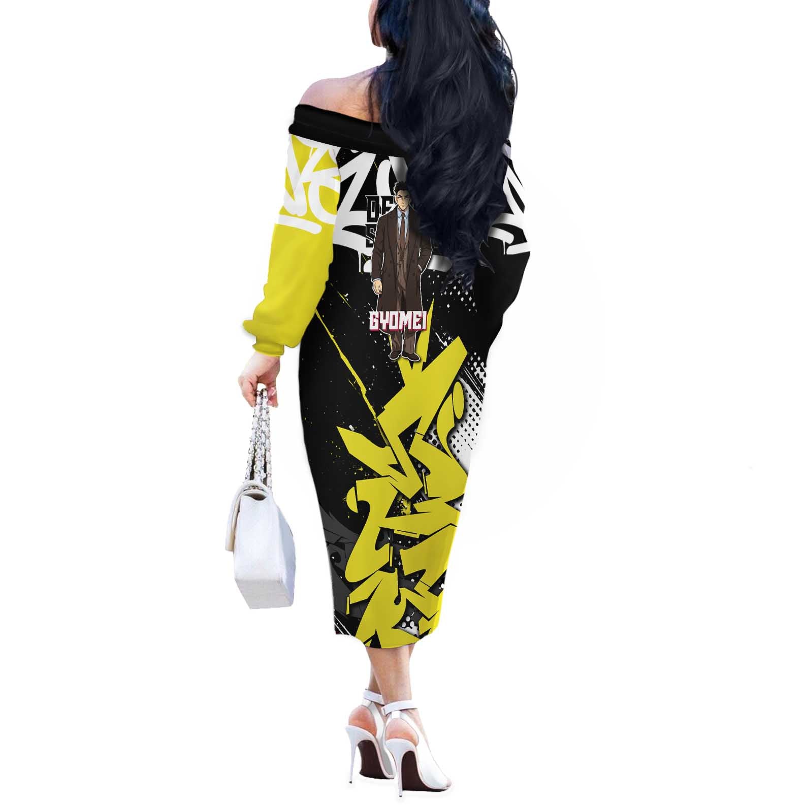 Gyomei Demon Slayer Off The Shoulder Long Sleeve Dress Urban Graffiti Anime Style