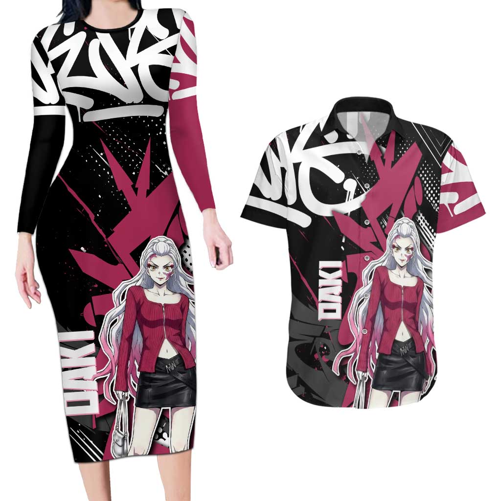 Daki Demon Slayer Couples Matching Long Sleeve Bodycon Dress and Hawaiian Shirt Pink Graffiti Anime Aesthetic