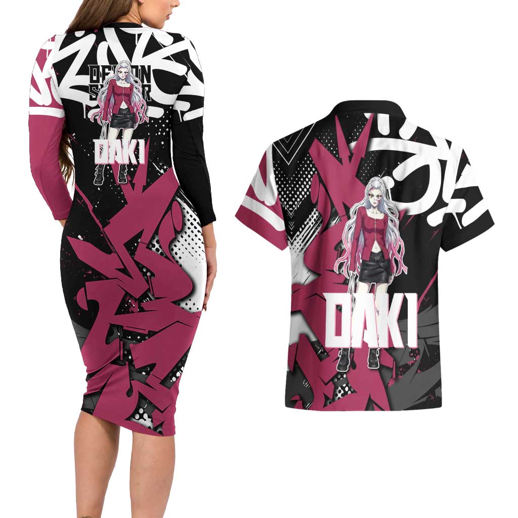 Daki Demon Slayer Couples Matching Long Sleeve Bodycon Dress and Hawaiian Shirt Pink Graffiti Anime Aesthetic