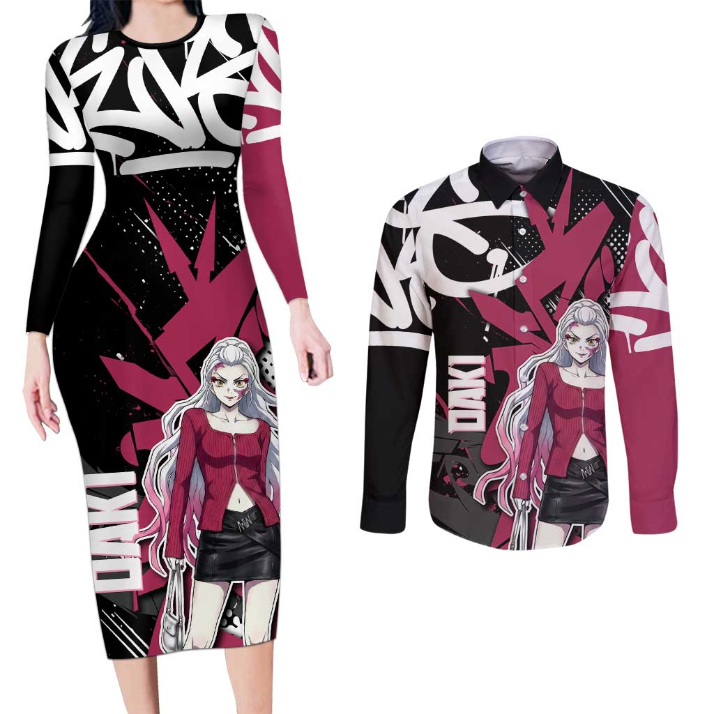 Daki Demon Slayer Couples Matching Long Sleeve Bodycon Dress and Long Sleeve Button Shirt Pink Graffiti Anime Aesthetic
