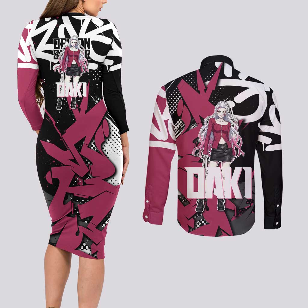 Daki Demon Slayer Couples Matching Long Sleeve Bodycon Dress and Long Sleeve Button Shirt Pink Graffiti Anime Aesthetic