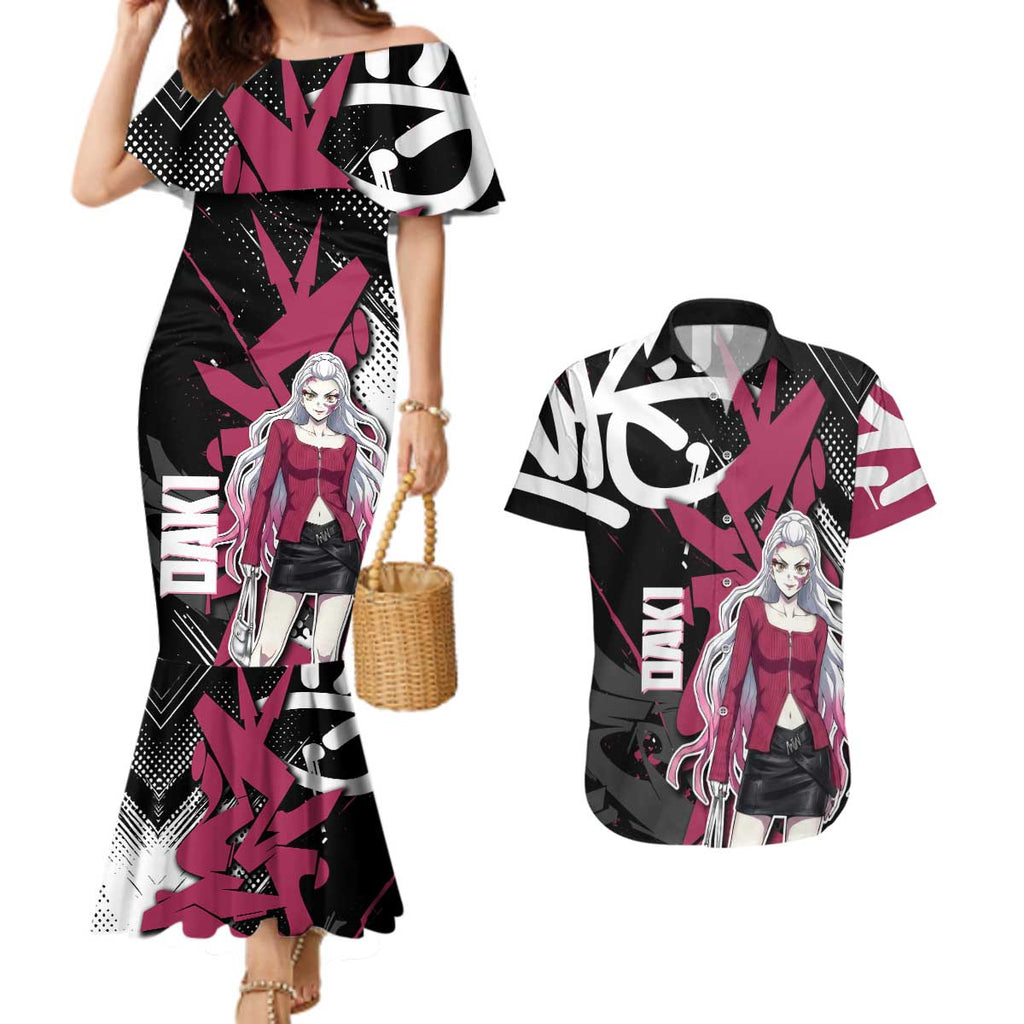 Daki Demon Slayer Couples Matching Mermaid Dress and Hawaiian Shirt Pink Graffiti Anime Aesthetic