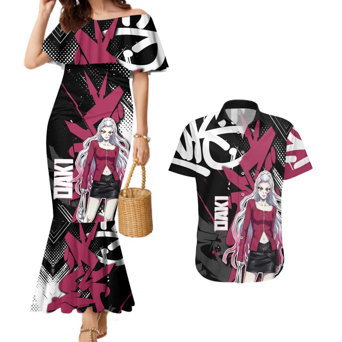 Daki Demon Slayer Couples Matching Mermaid Dress and Hawaiian Shirt Pink Graffiti Anime Aesthetic