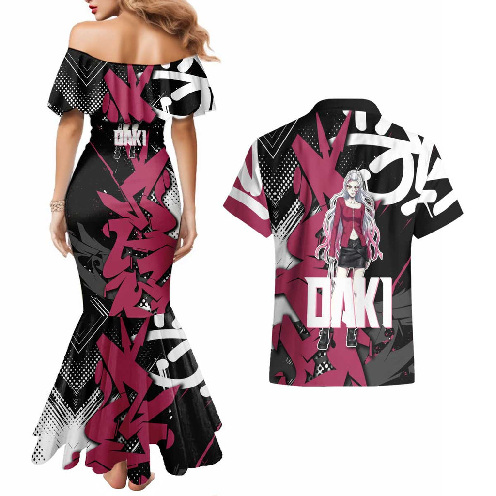 Daki Demon Slayer Couples Matching Mermaid Dress and Hawaiian Shirt Pink Graffiti Anime Aesthetic