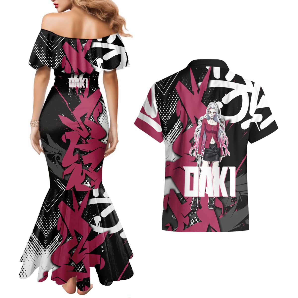 Daki Demon Slayer Couples Matching Mermaid Dress and Hawaiian Shirt Pink Graffiti Anime Aesthetic