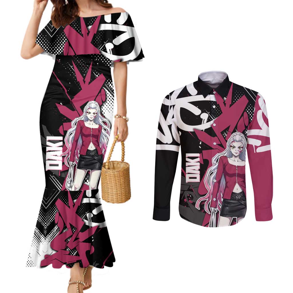 Daki Demon Slayer Couples Matching Mermaid Dress and Long Sleeve Button Shirt Pink Graffiti Anime Aesthetic