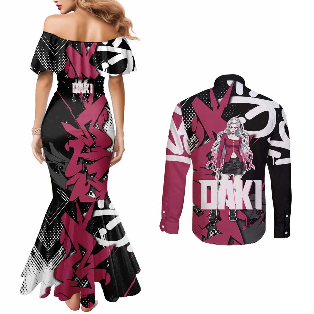 Daki Demon Slayer Couples Matching Mermaid Dress and Long Sleeve Button Shirt Pink Graffiti Anime Aesthetic