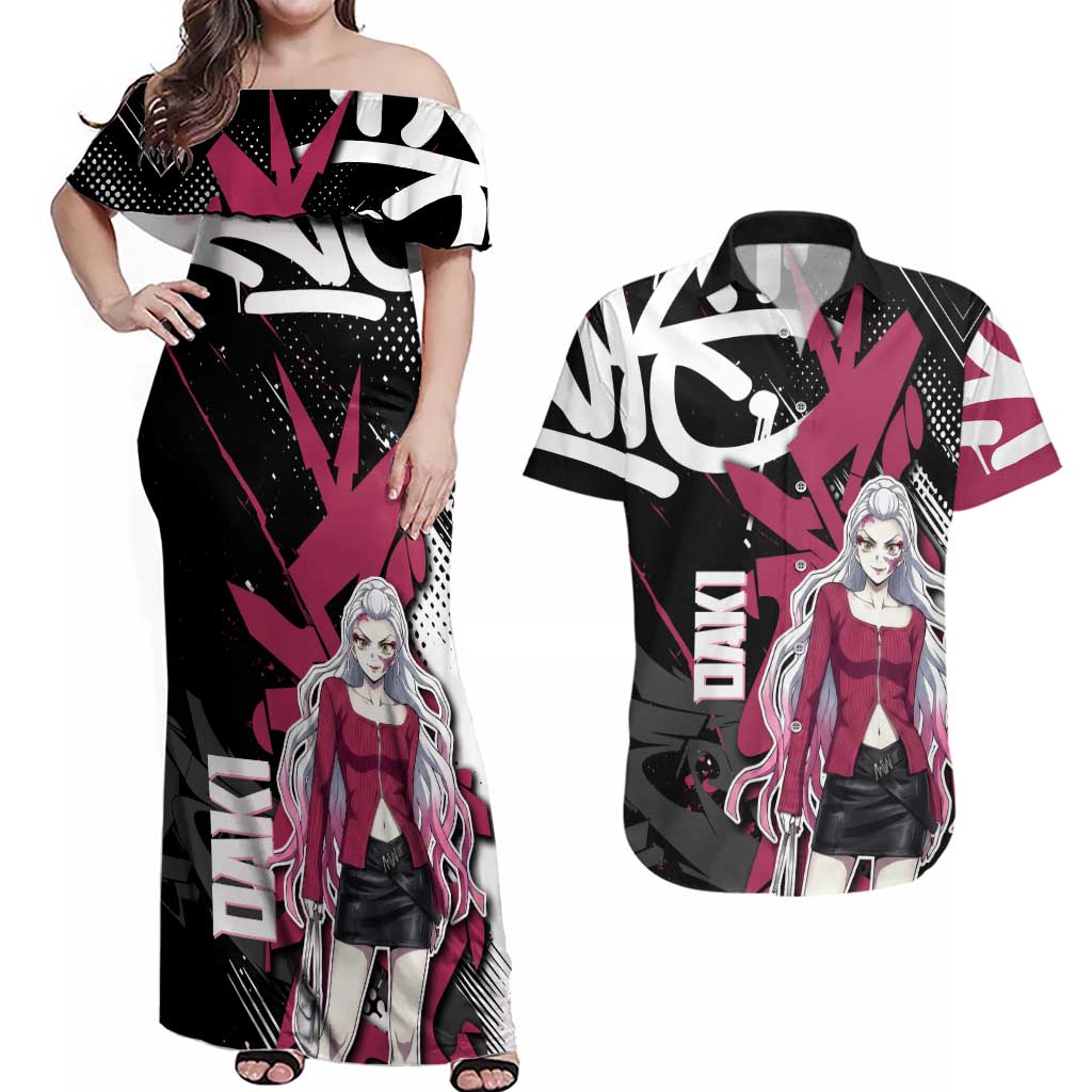 Daki Demon Slayer Couples Matching Off Shoulder Maxi Dress and Hawaiian Shirt Pink Graffiti Anime Aesthetic