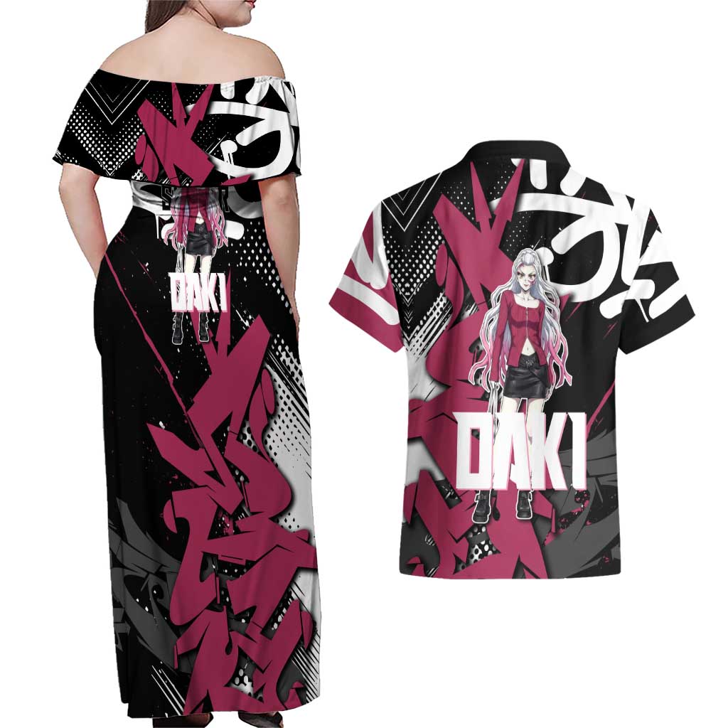 Daki Demon Slayer Couples Matching Off Shoulder Maxi Dress and Hawaiian Shirt Pink Graffiti Anime Aesthetic