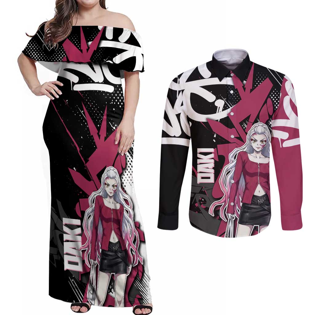 Daki Demon Slayer Couples Matching Off Shoulder Maxi Dress and Long Sleeve Button Shirt Pink Graffiti Anime Aesthetic