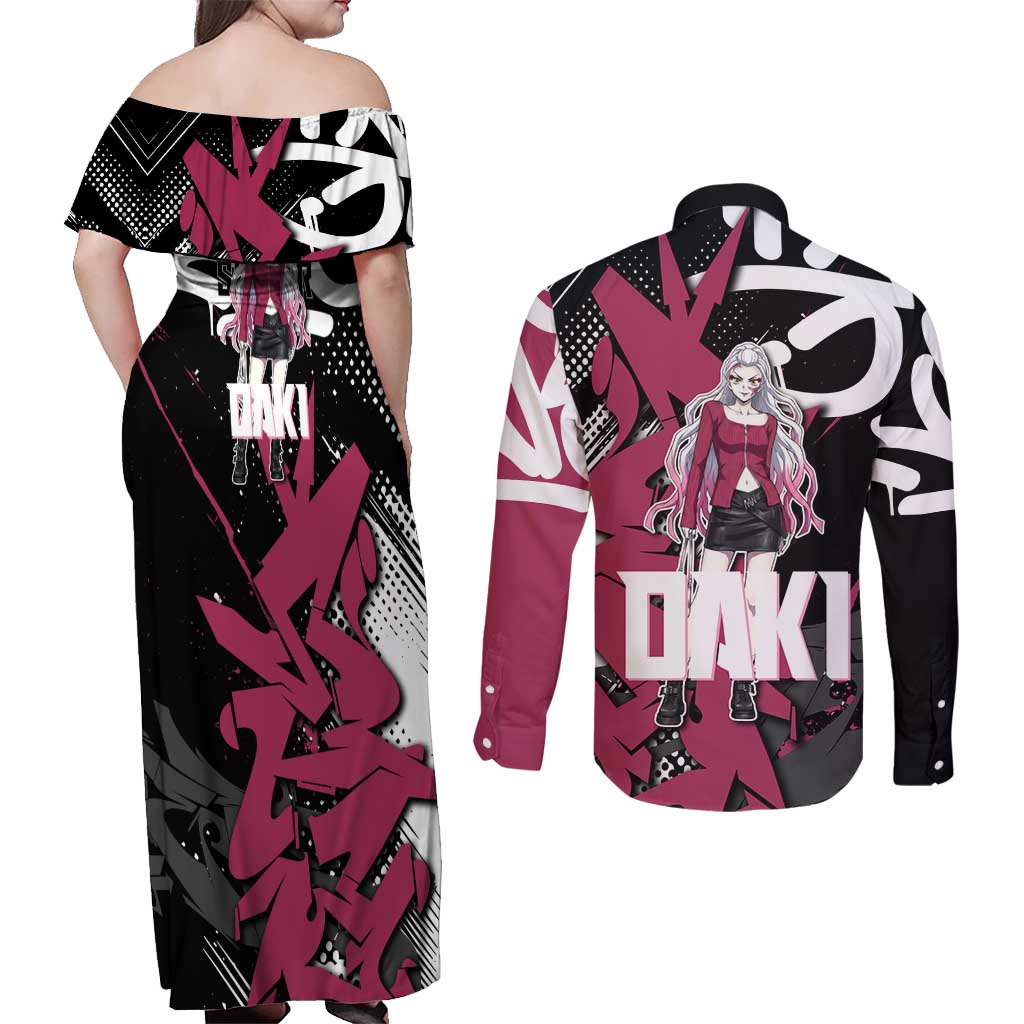 Daki Demon Slayer Couples Matching Off Shoulder Maxi Dress and Long Sleeve Button Shirt Pink Graffiti Anime Aesthetic