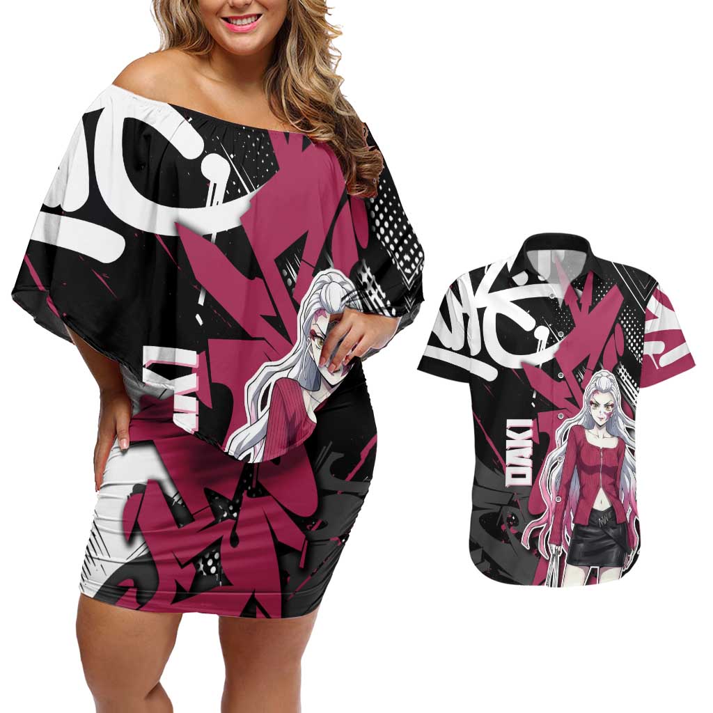 Daki Demon Slayer Couples Matching Off Shoulder Short Dress and Hawaiian Shirt Pink Graffiti Anime Aesthetic