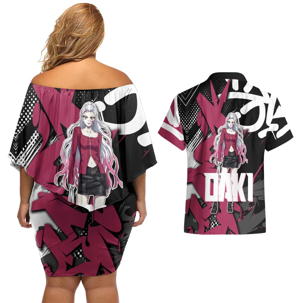 Daki Demon Slayer Couples Matching Off Shoulder Short Dress and Hawaiian Shirt Pink Graffiti Anime Aesthetic