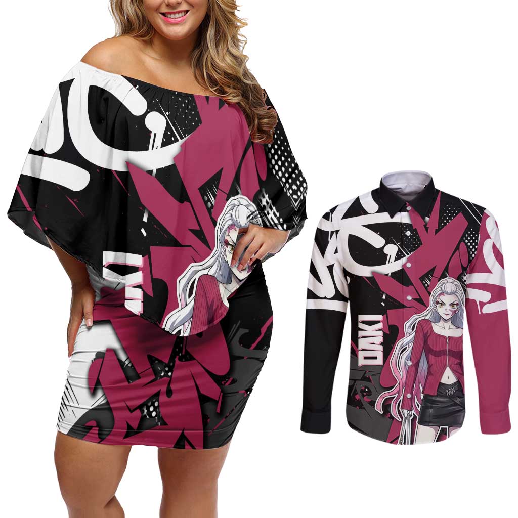 Daki Demon Slayer Couples Matching Off Shoulder Short Dress and Long Sleeve Button Shirt Pink Graffiti Anime Aesthetic