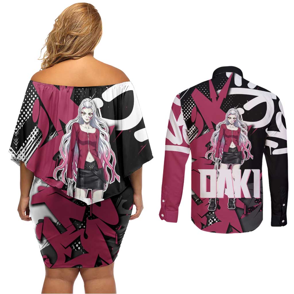 Daki Demon Slayer Couples Matching Off Shoulder Short Dress and Long Sleeve Button Shirt Pink Graffiti Anime Aesthetic