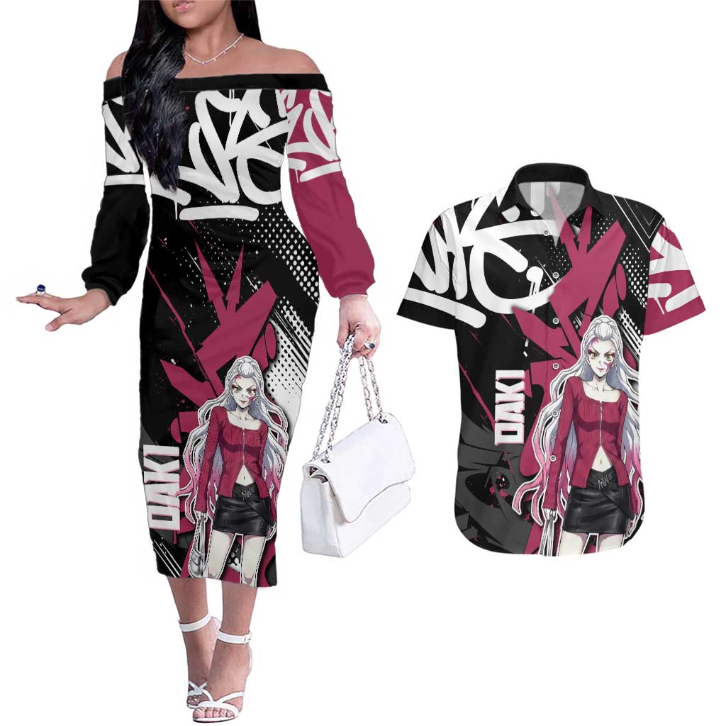 Daki Demon Slayer Couples Matching Off The Shoulder Long Sleeve Dress and Hawaiian Shirt Pink Graffiti Anime Aesthetic
