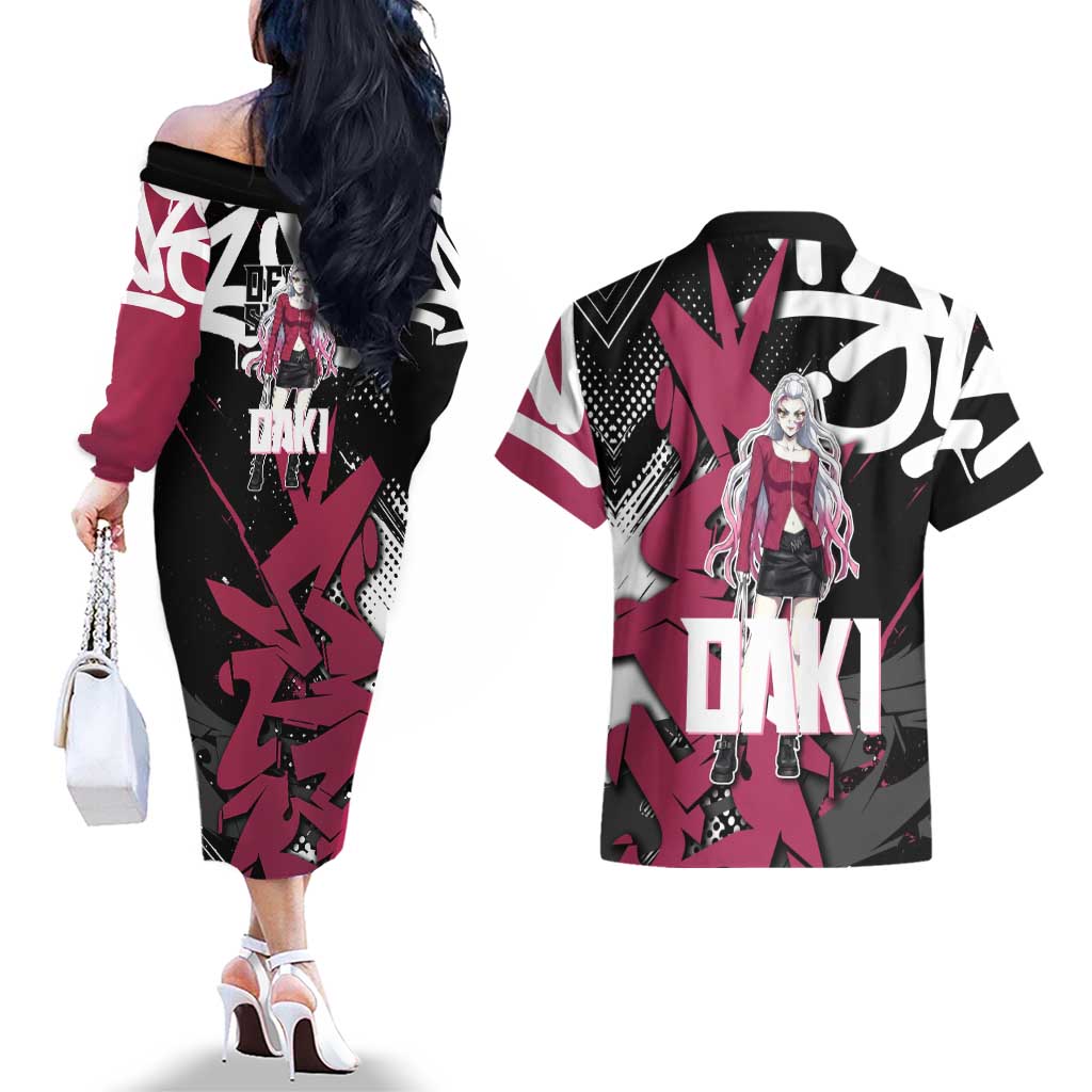 Daki Demon Slayer Couples Matching Off The Shoulder Long Sleeve Dress and Hawaiian Shirt Pink Graffiti Anime Aesthetic