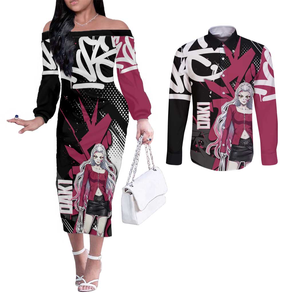 Daki Demon Slayer Couples Matching Off The Shoulder Long Sleeve Dress and Long Sleeve Button Shirt Pink Graffiti Anime Aesthetic