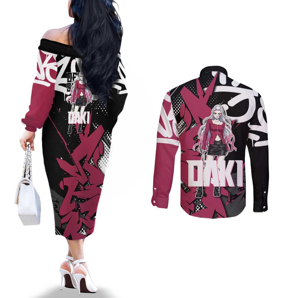 Daki Demon Slayer Couples Matching Off The Shoulder Long Sleeve Dress and Long Sleeve Button Shirt Pink Graffiti Anime Aesthetic