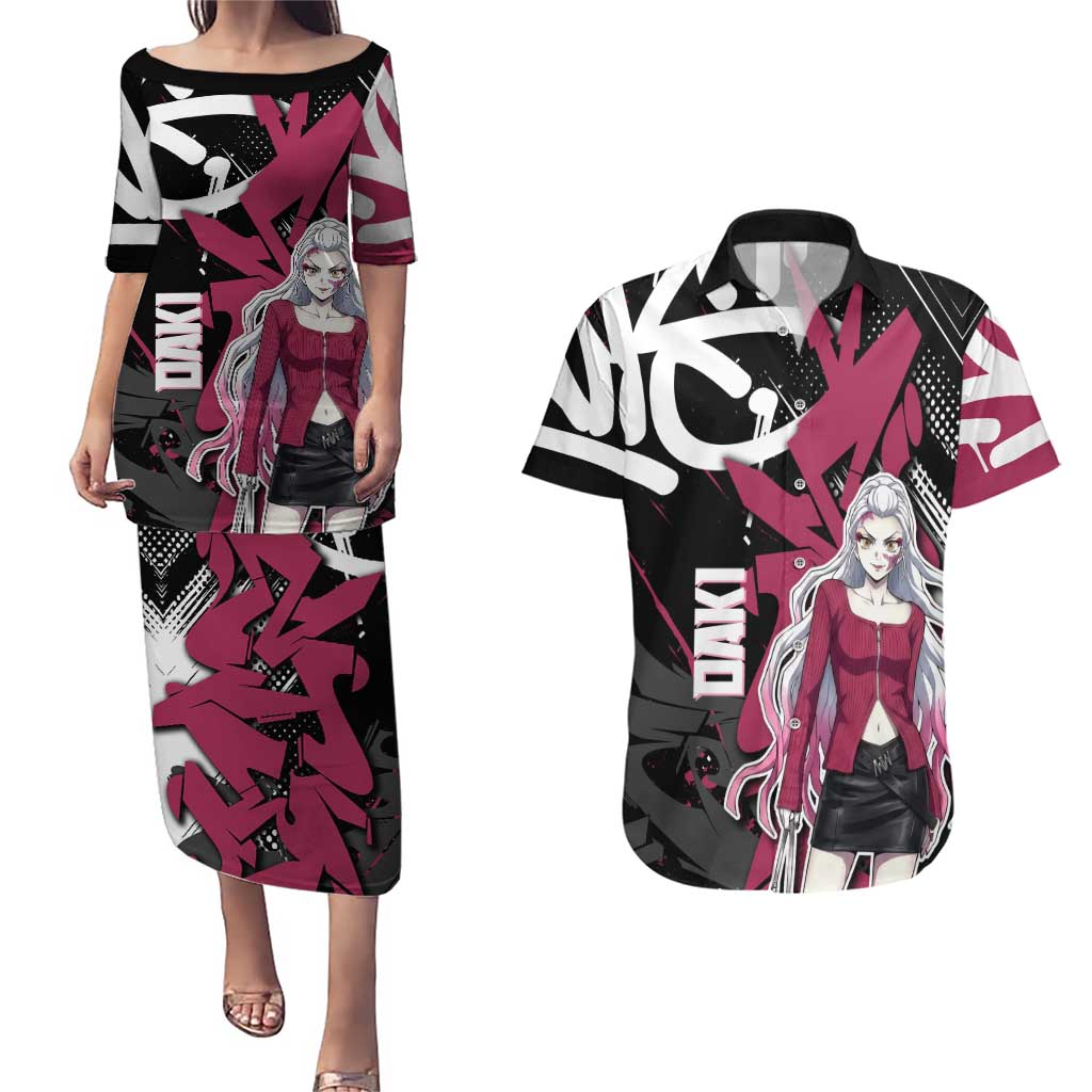 Daki Demon Slayer Couples Matching Puletasi and Hawaiian Shirt Pink Graffiti Anime Aesthetic