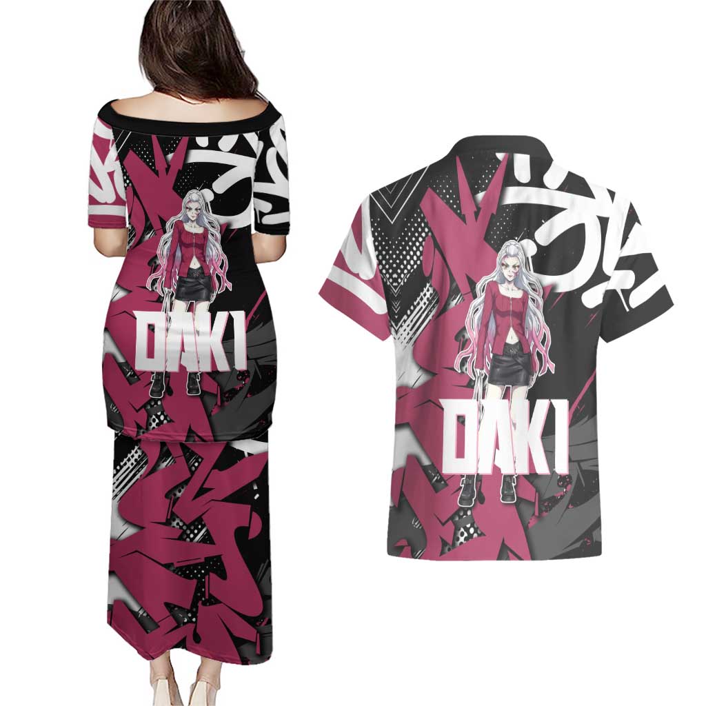 Daki Demon Slayer Couples Matching Puletasi and Hawaiian Shirt Pink Graffiti Anime Aesthetic