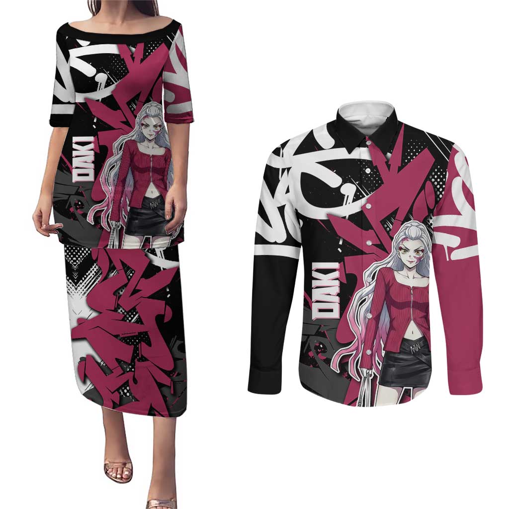 Daki Demon Slayer Couples Matching Puletasi and Long Sleeve Button Shirt Pink Graffiti Anime Aesthetic