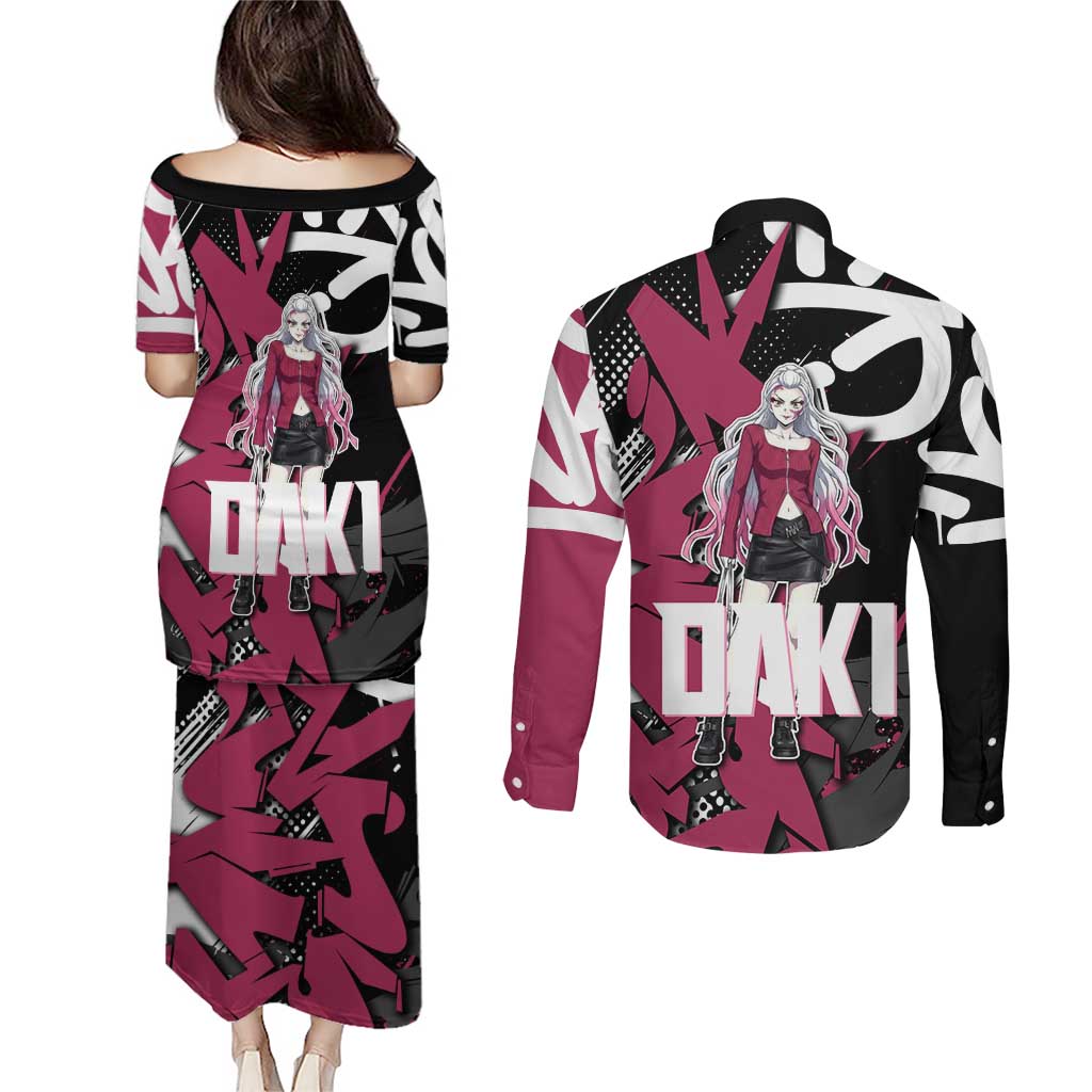 Daki Demon Slayer Couples Matching Puletasi and Long Sleeve Button Shirt Pink Graffiti Anime Aesthetic