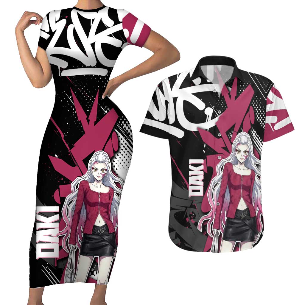 Daki Demon Slayer Couples Matching Short Sleeve Bodycon Dress and Hawaiian Shirt Pink Graffiti Anime Aesthetic