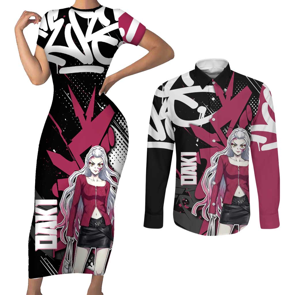 Daki Demon Slayer Couples Matching Short Sleeve Bodycon Dress and Long Sleeve Button Shirt Pink Graffiti Anime Aesthetic