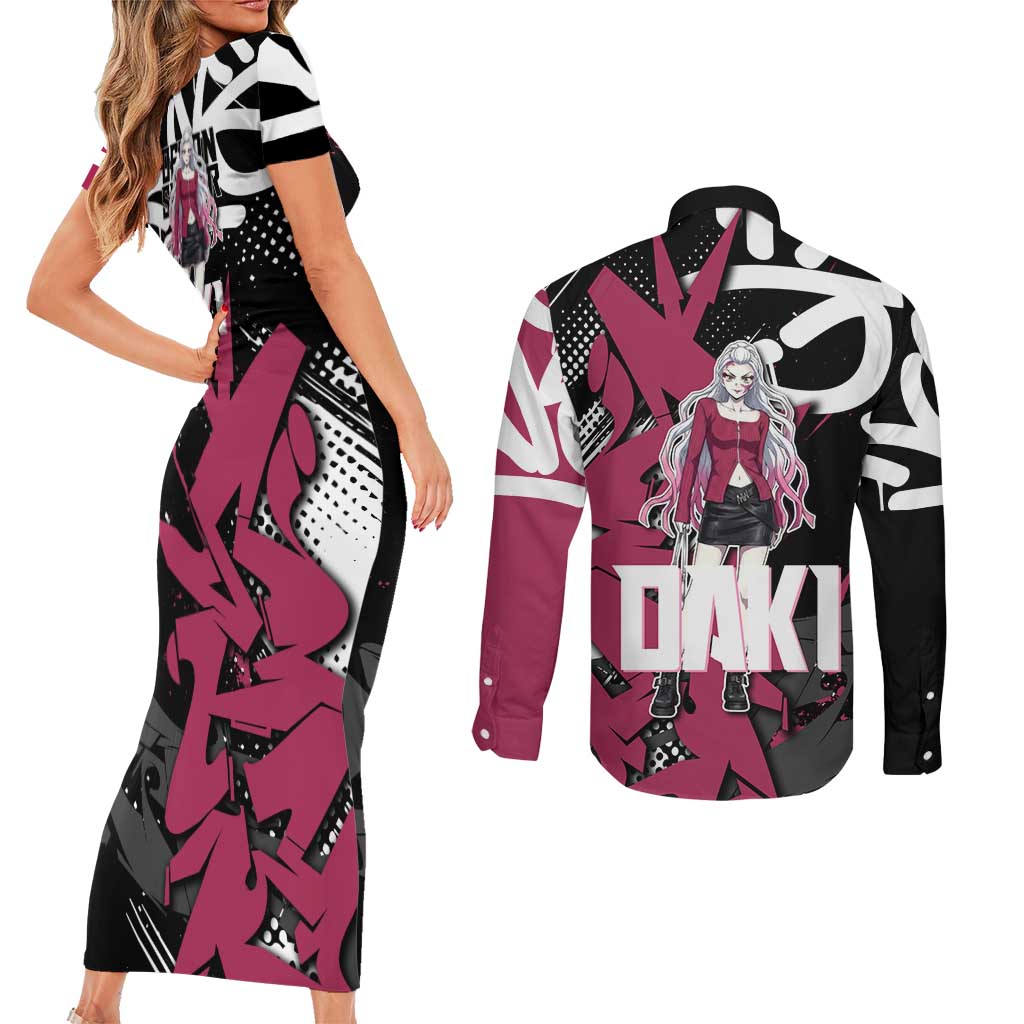 Daki Demon Slayer Couples Matching Short Sleeve Bodycon Dress and Long Sleeve Button Shirt Pink Graffiti Anime Aesthetic