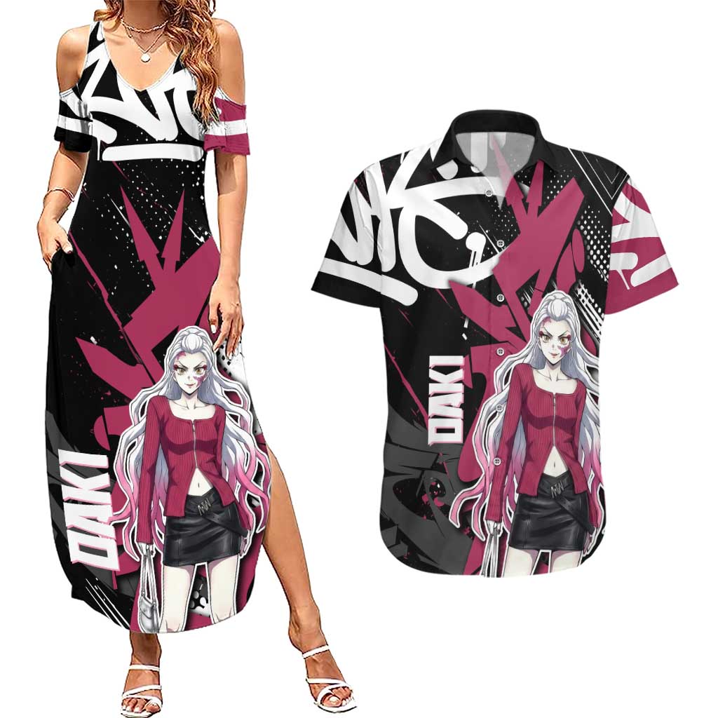 Daki Demon Slayer Couples Matching Summer Maxi Dress and Hawaiian Shirt Pink Graffiti Anime Aesthetic