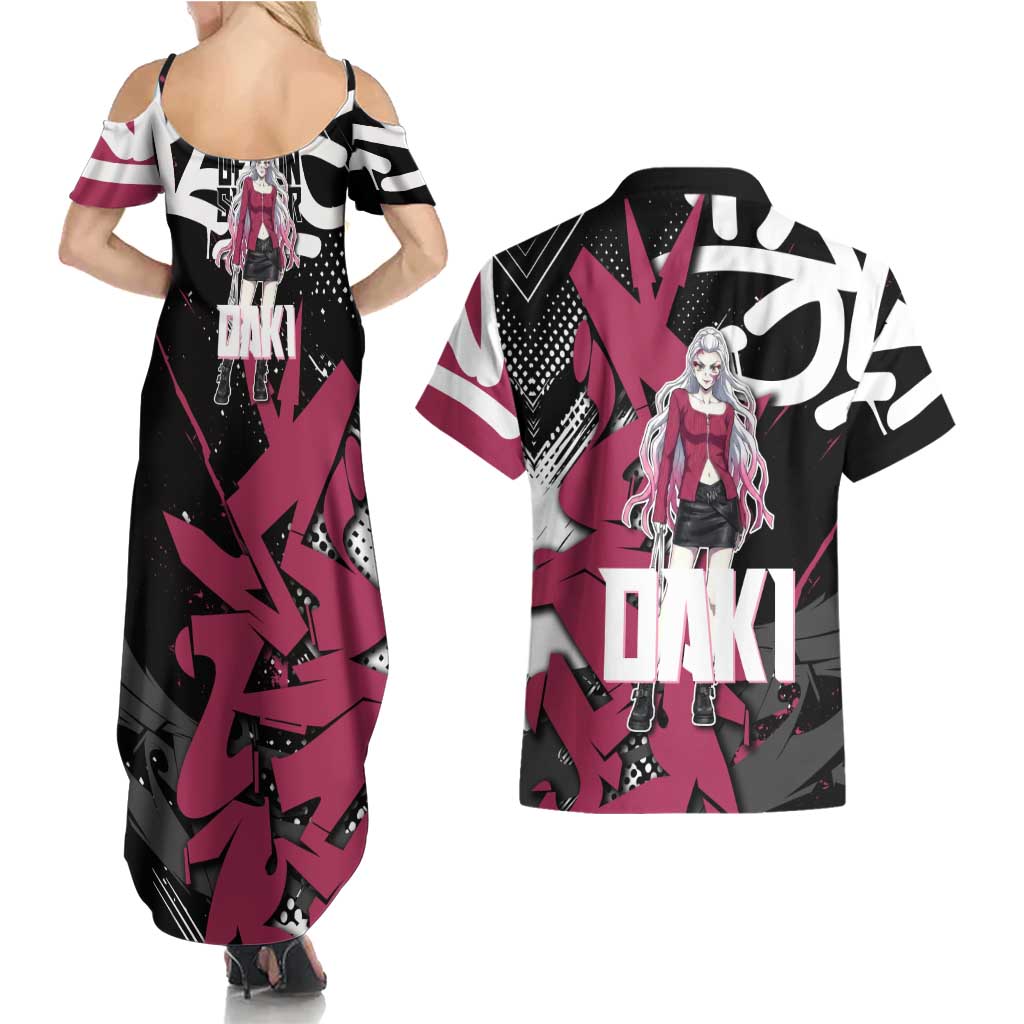 Daki Demon Slayer Couples Matching Summer Maxi Dress and Hawaiian Shirt Pink Graffiti Anime Aesthetic