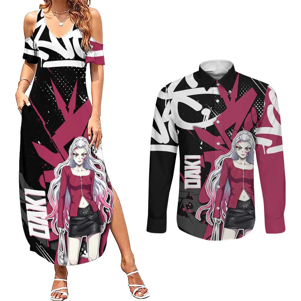 Daki Demon Slayer Couples Matching Summer Maxi Dress and Long Sleeve Button Shirt Pink Graffiti Anime Aesthetic