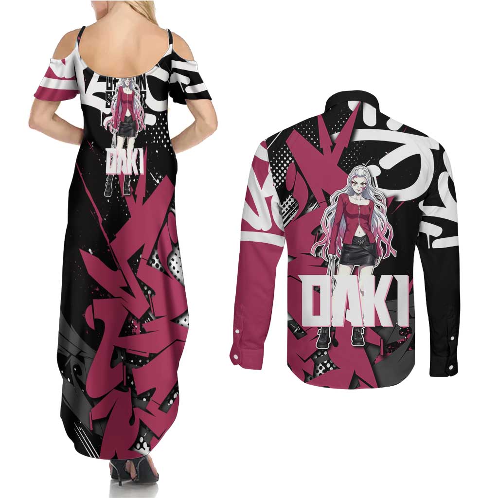 Daki Demon Slayer Couples Matching Summer Maxi Dress and Long Sleeve Button Shirt Pink Graffiti Anime Aesthetic