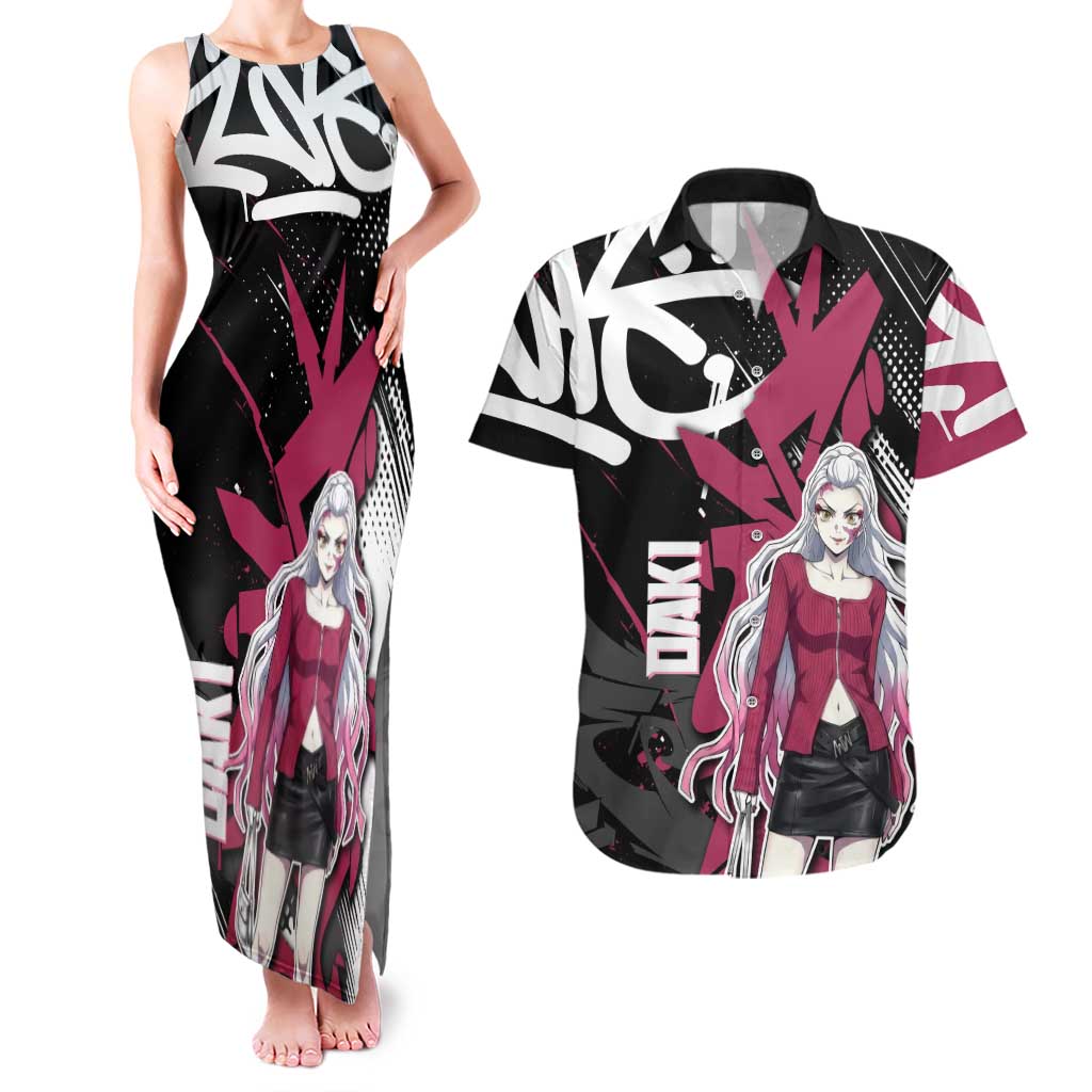 Daki Demon Slayer Couples Matching Tank Maxi Dress and Hawaiian Shirt Pink Graffiti Anime Aesthetic