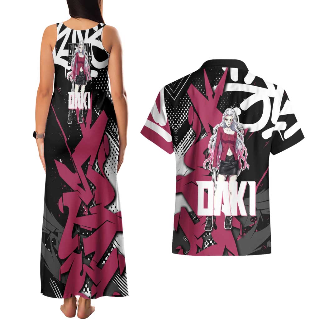 Daki Demon Slayer Couples Matching Tank Maxi Dress and Hawaiian Shirt Pink Graffiti Anime Aesthetic