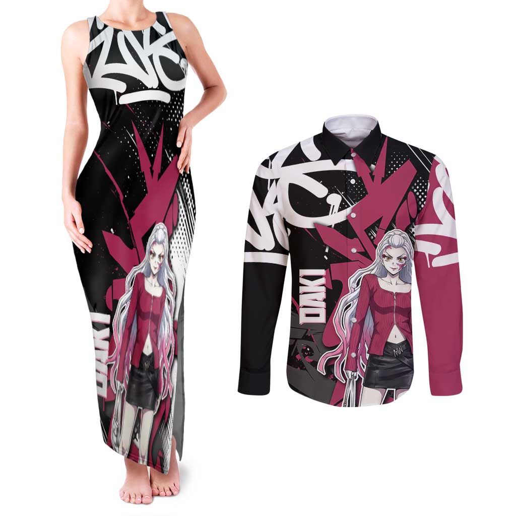 Daki Demon Slayer Couples Matching Tank Maxi Dress and Long Sleeve Button Shirt Pink Graffiti Anime Aesthetic
