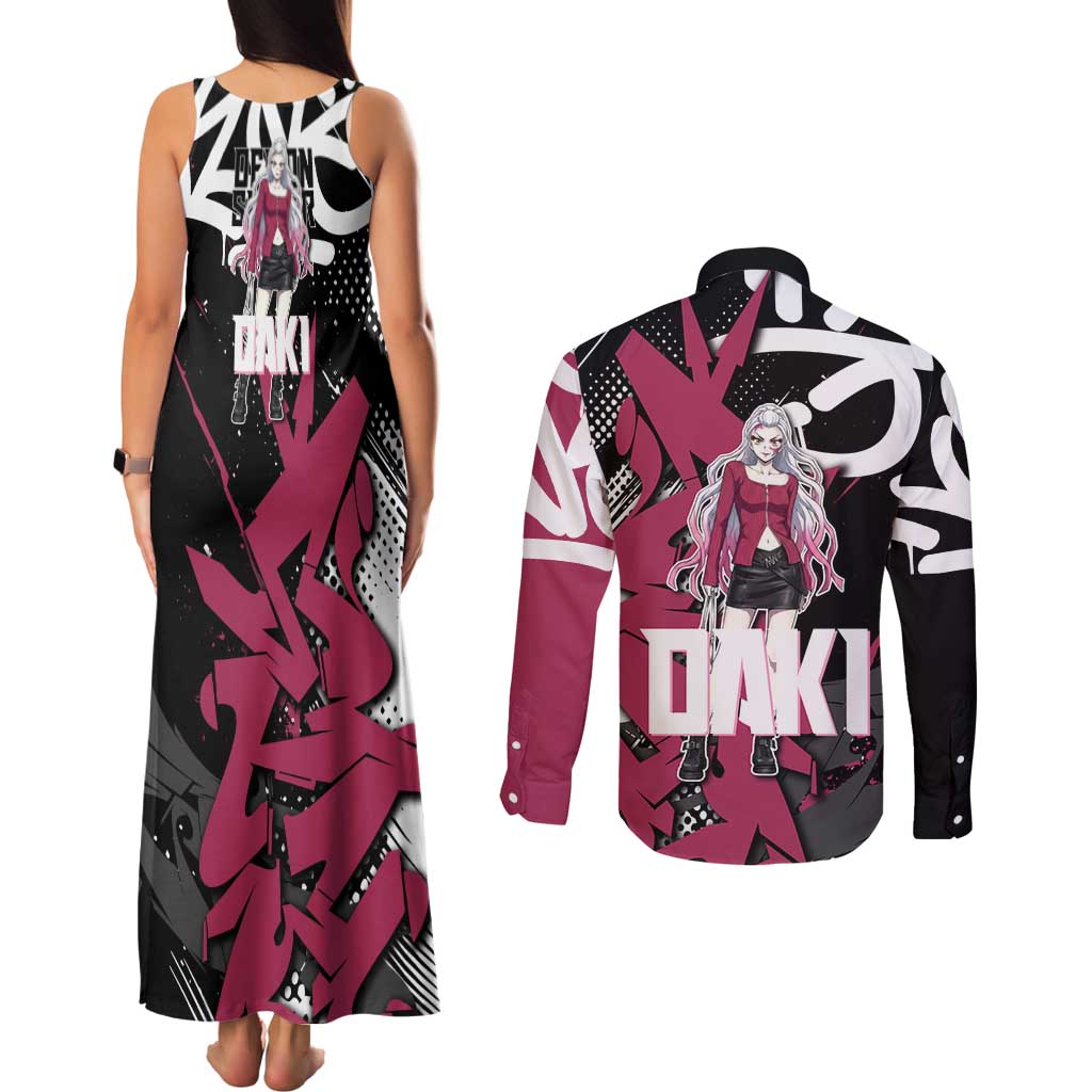 Daki Demon Slayer Couples Matching Tank Maxi Dress and Long Sleeve Button Shirt Pink Graffiti Anime Aesthetic