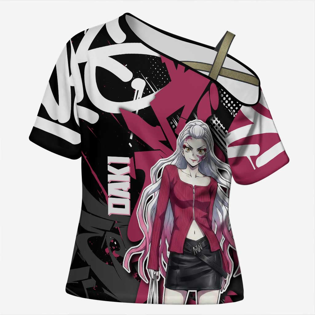 Daki Demon Slayer Cross Shoulder Shirt Pink Graffiti Anime Aesthetic